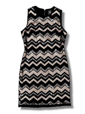 Vince Camuto Women’s Black Sequin Chevron Sheath Dress Size 8 Party Holidays